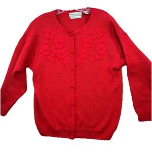 Vintage Northern Isles Sweater Women XL Hand Knit Poinsettias Christmas Cardigan